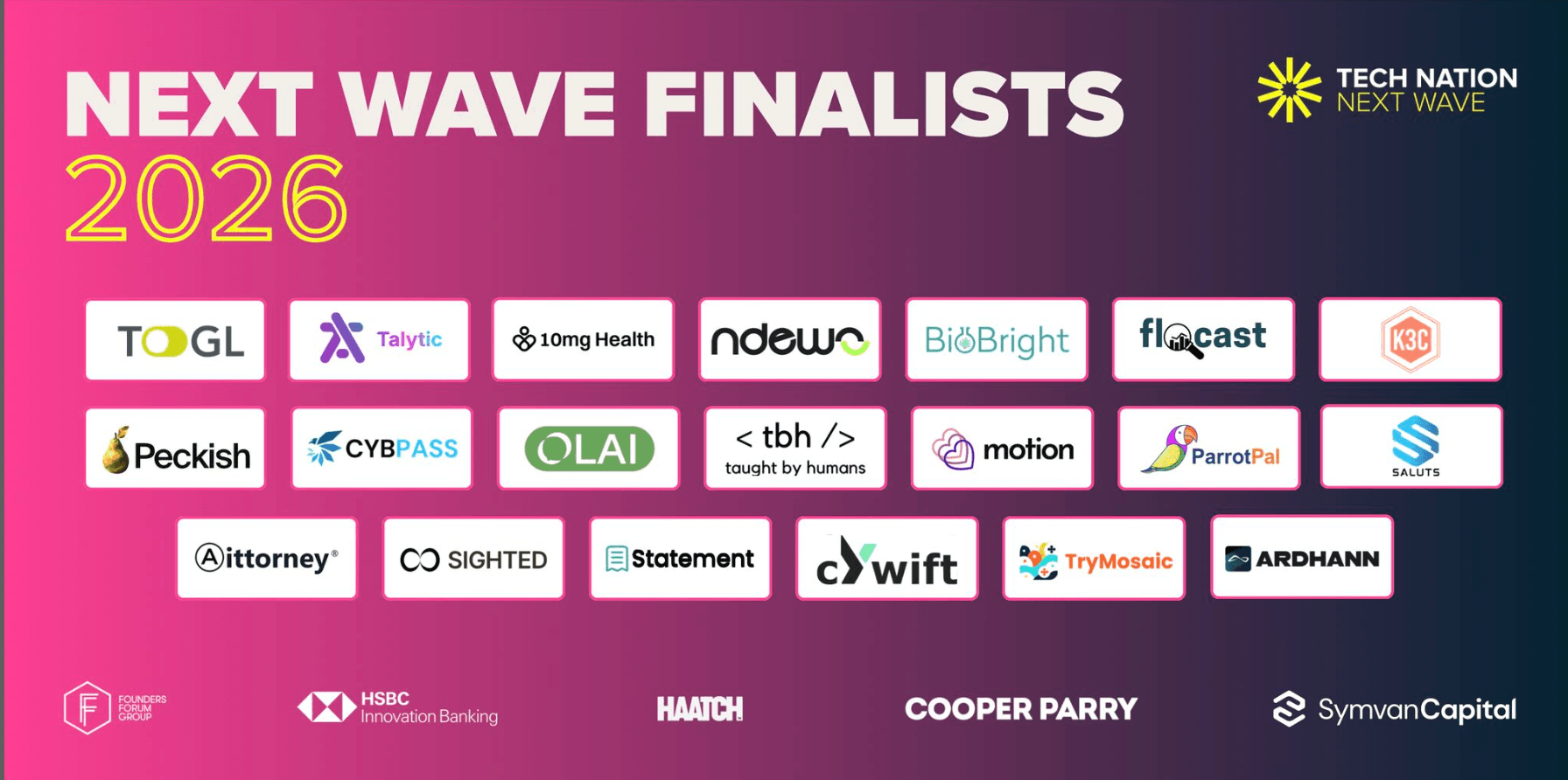 Tech Nation Next Wave 2026 finalists graphic featuring the OLAI logo